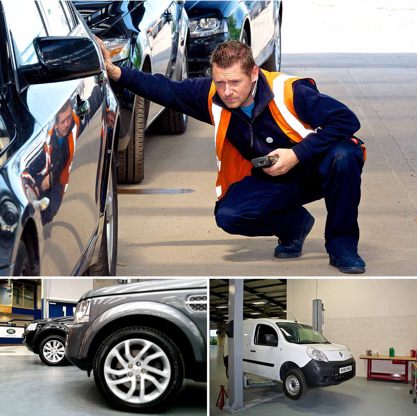 One of our staff inspecting a car, some Land Rovers and a van on a vehicle lift